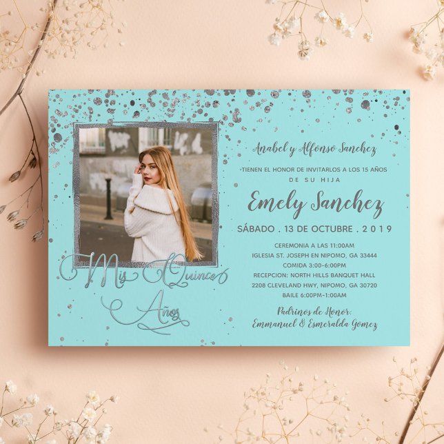 Invitación Mis Quince Anos Blue Silver Foto española de moda (Subido por el creador)