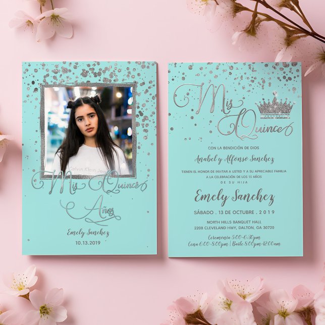 Invitación Mis Quince Anos Blue Silver Trendy Foto Española I (Subido por el creador)
