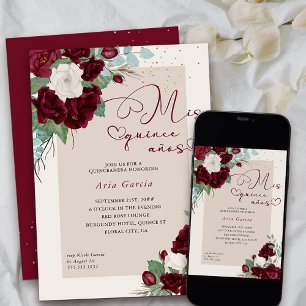 Invitación Mis Quince Años Borgoña Marfil Floral Quinceanera