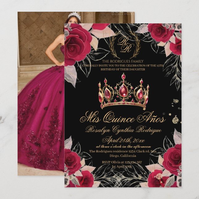 Invitación Mis Quince Anos Elegante Rojo Negro 15 cumpleaños (Anverso / Reverso)