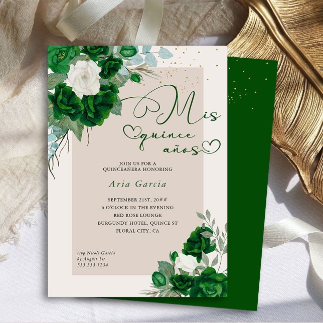 Invitación Mis Quince Anos Emerald Green Floral Quinceanera (Mis Quince Anos Invitation from the Royal Rose Emerald Green Quinceanera Collection by Darling & May)
