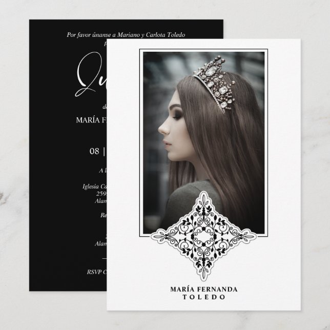 Invitación Mis Quince Años Español Foto Efecto Encaje Negro (Anverso / Reverso)