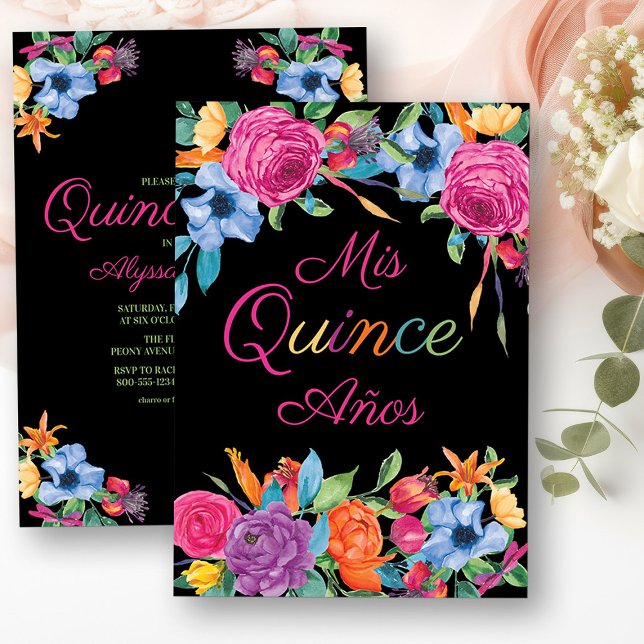 Invitación Mis Quince Anos Fiesta Flores Quinceanera Negra (Mis Quince Invitation from my Fiesta Flowers Quinceanera Collection)