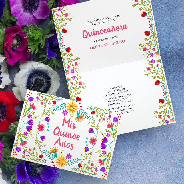 Invitación Mis Quince Anos Fiesta Mexicana Fiesta Quinceanera (Colorful Mis Quince folded invitation  with mexican fiesta flowers)