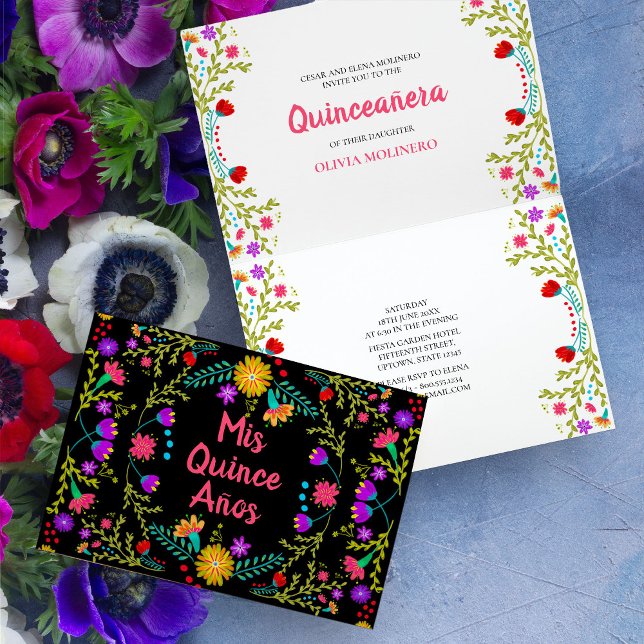 Invitación Mis Quince Anos Fiesta Mexicana Quinceanera (Colorful Mis Quince folded invitation  with mexican fiesta flowers)