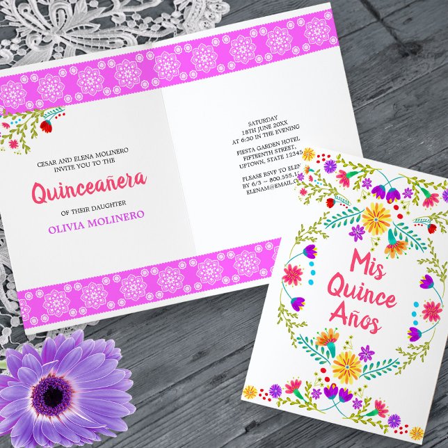 Invitación Mis Quince Anos Floral Mexicana Fiesta Quinceanera (Quinceanera Invitation from my Mexican Fiesta Flowers Quinceanera Collection -printed or digital)