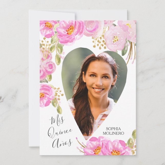 Invitación Mis Quince Anos Foto Floral Oro Rosa Quinceanera (Anverso)