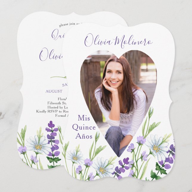 Invitación Mis Quince Anos Foto Floral Púrpura Quinceanera (Anverso / Reverso)