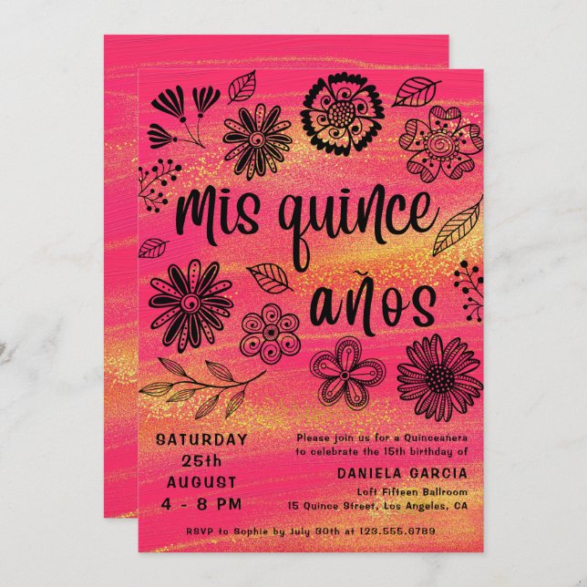 Invitación Mis Quince Años Moda Floral Rosa Quinceañera (Anverso / Reverso)