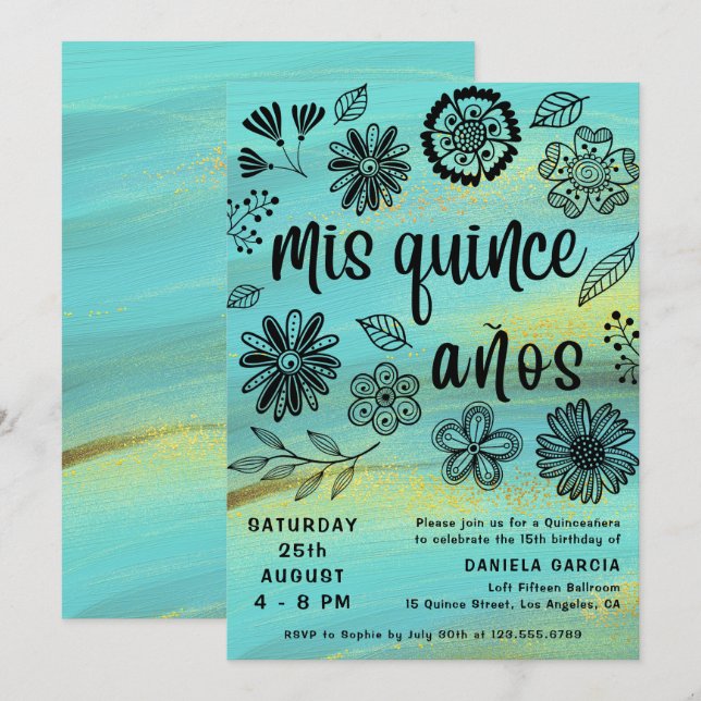 Invitación Mis Quince Años Moda Turquoise Floral Quinceañera (Anverso / Reverso)