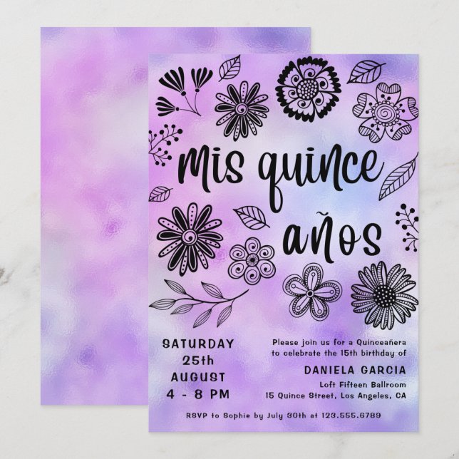 Invitación Mis Quince Años Modern Morado Floral Quinceañera (Anverso / Reverso)
