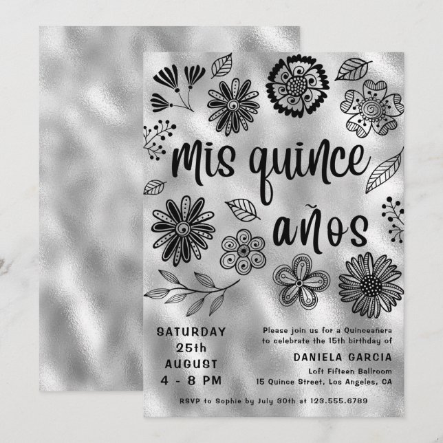 Invitación Mis Quince Años Moderno Plata Floral Quinceañera (Anverso / Reverso)