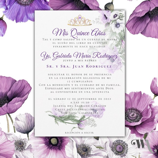Invitación Mis quince años modernos (Hermosa invitación de Quince años de Amapolas Lilas -Beautiful Lilac Poppies Quince Años invitation )