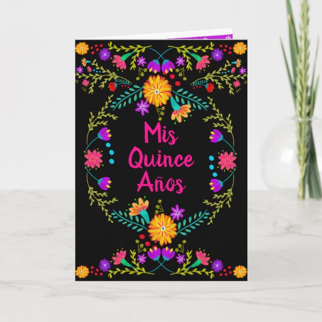 Invitación Mis Quince Anos Negro Fiesta Mexicana Quinceanera (Anverso)