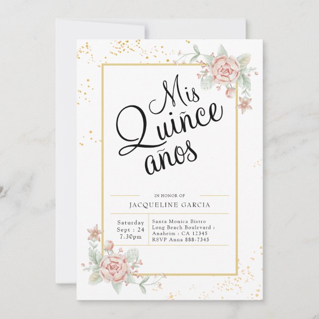 Invitación Mis Quince Anos Pink Floral Quinceañera (Anverso)