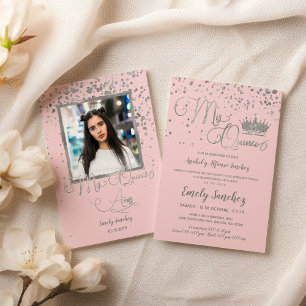 Invitación Mis Quince Anos Plata Rosa Confetán Foto Española