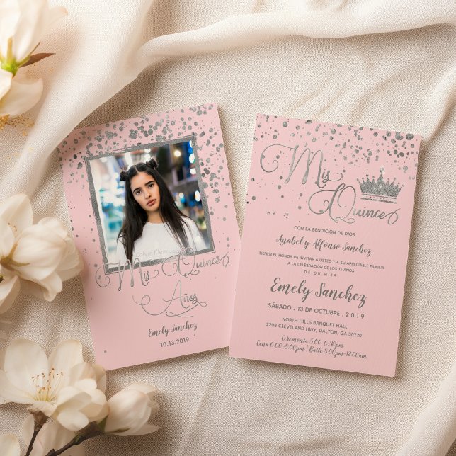 Invitación Mis Quince Anos Plata Rosa Confetán Foto Española (Subido por el creador)