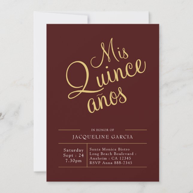 Invitación Mis Quince Anos Rojo Oro Moderno Quinceanera (Anverso)