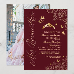 Invitación Mis Quince Años Rojo y Dorado Floral