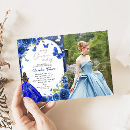 Invitación Mis Quince Anos Rosa de plata azul Quinceanera Fot