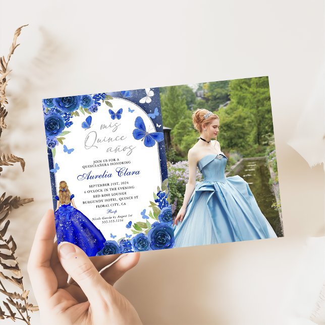 Invitación Mis Quince Anos Rosa de plata azul Quinceanera Fot (Subido por el creador)