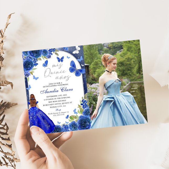Invitación Mis Quince Anos Rosa de plata azul Quinceanera Fot (Subido por el creador)