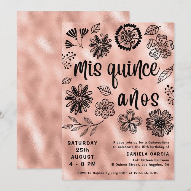 Invitación Mis Quince Años Rosa Gold Floral Quinceañera (Anverso / Reverso)