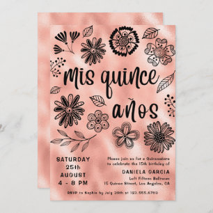 Invitación Mis Quince Años Rosa Gold Floral Quinceañera