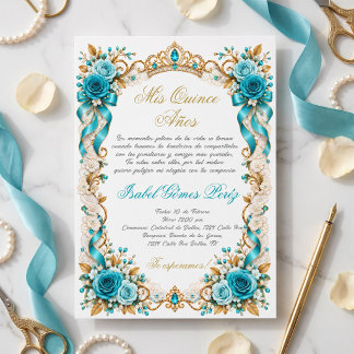 Invitación Mis Quince Años, Rosas Turquesa Corona de Oro