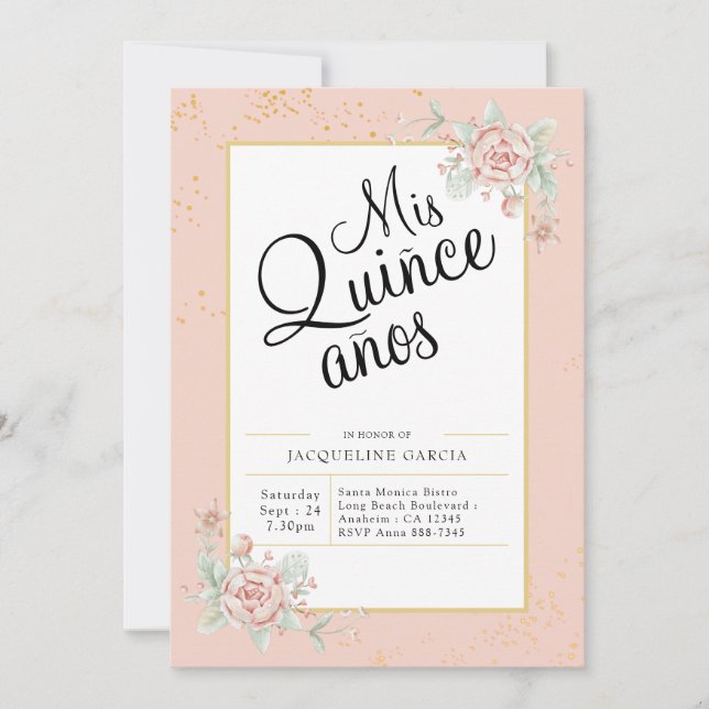 Invitación Mis Quince Anos Rubor Floral Rosa Quinceañera (Anverso)