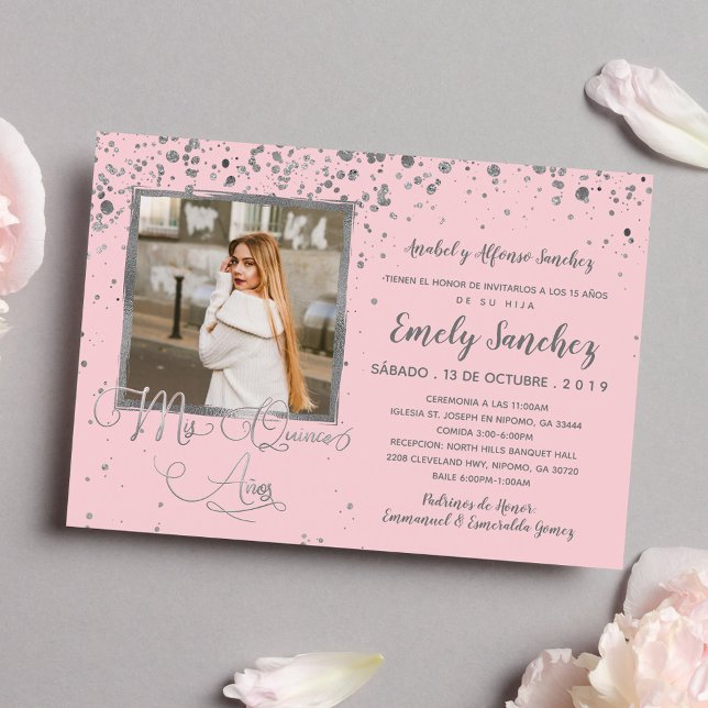 Invitación Mis Quince Anos Rubor Plata Rosa Confetal Foto (Subido por el creador)