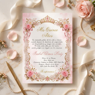 Invitación Mis Quince Años, Tiara dorada flores rosadas