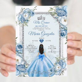 Invitación Mis Quince Blue Floral Silver Crown Quinceañera