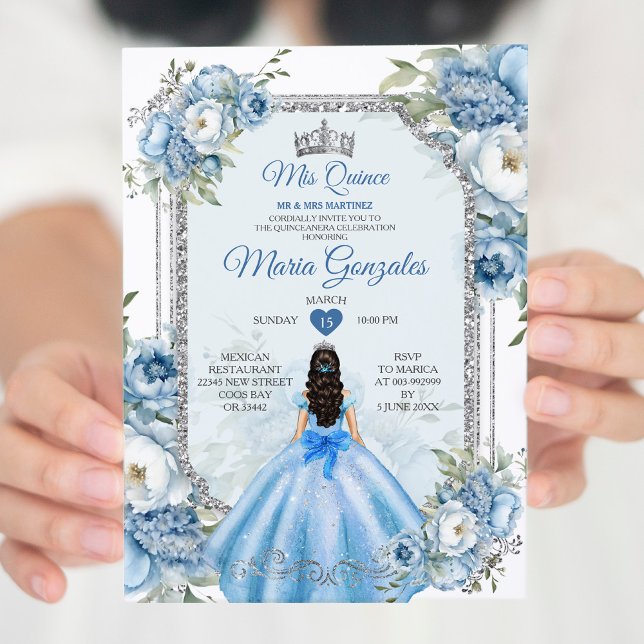 Invitación Mis Quince Blue Floral Silver Crown Quinceañera (Subido por el creador)