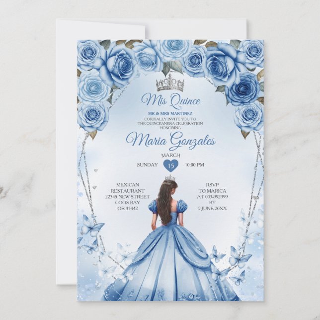 Invitación Mis Quince Blue Floral Silver Crown Quinceañera (Anverso)