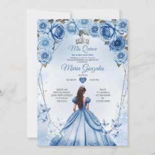 Invitación Mis Quince Blue Floral Silver Crown Quinceañera