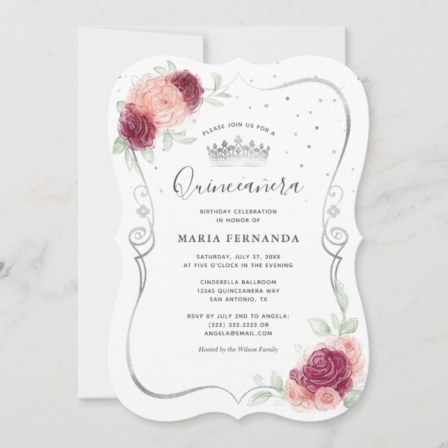 Invitación Mis Quince Burgundy Rubor y Silver Quinceanera (Anverso)