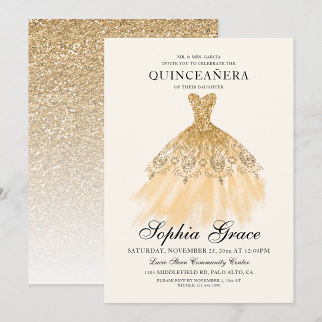 Invitación Mis Quince Elegantes Faux Gold Purpurina Quinceañe (Anverso / Reverso)