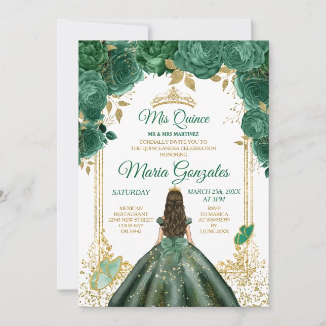 Invitación Mis Quince Emerald Green Butfly Gold Crown (Anverso)