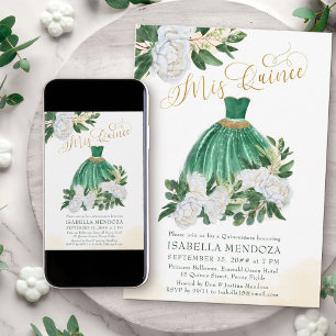 Invitación Mis Quince Esmeralda Verde Blanca Peonía Quinceañe