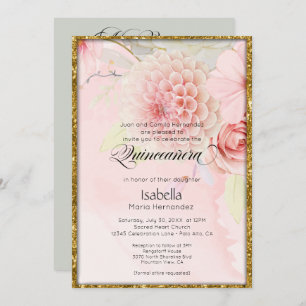 Invitación Mis Quince Hermosas Flores Rosa Pastel