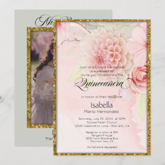 Invitación Mis Quince Hermoso Pastel Flores Rosadas