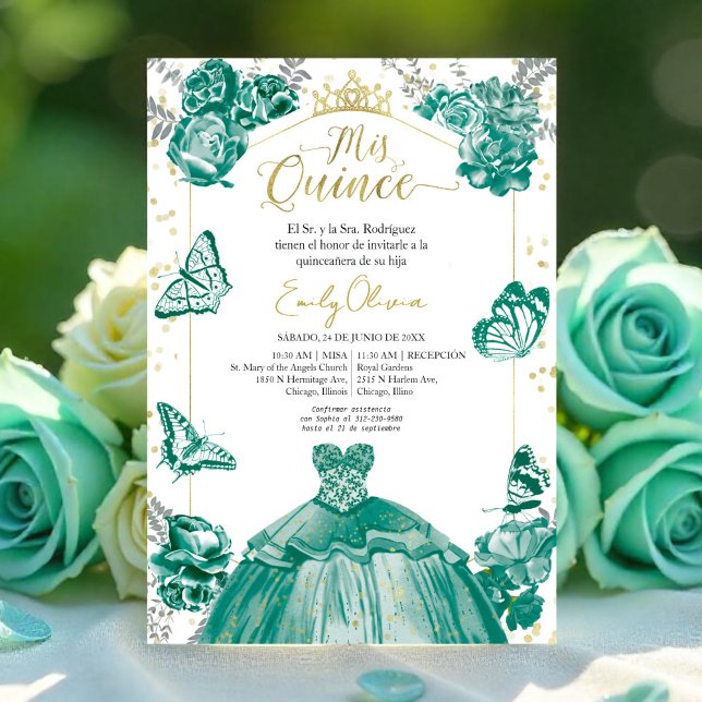 Invitación Mis Quince invitan al vestido verde esmeralda espa (Subido por el creador)