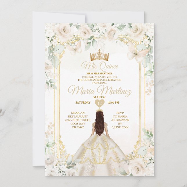 Invitación Mis Quince Marfil White Floral Princesa Cumpleaños (Anverso)