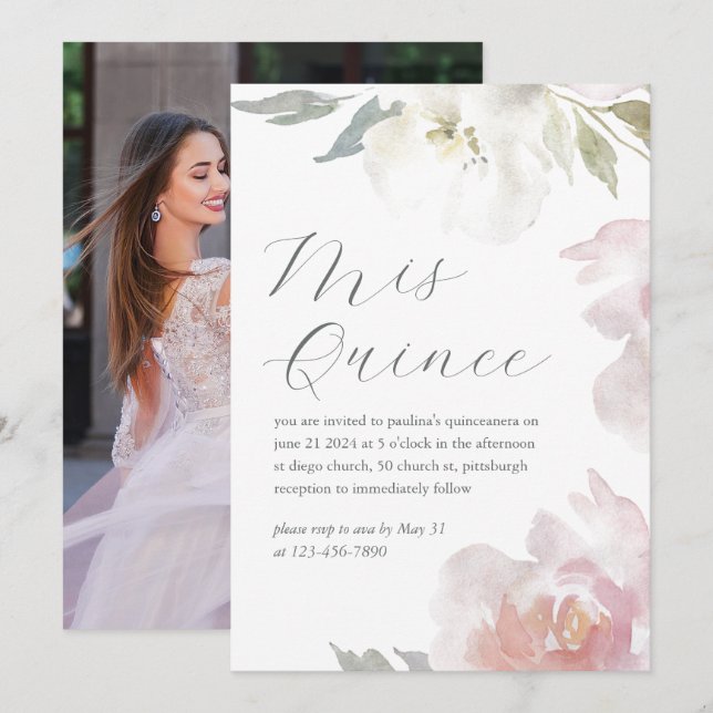 Invitación Mis Quince Pink Floral Birday Quinceañera Foto (Anverso / Reverso)