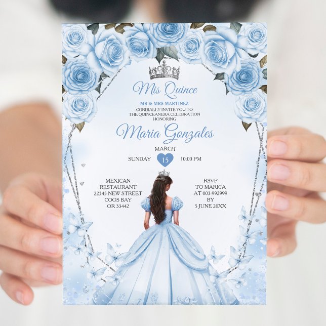 Invitación Mis Quince Polvo Azul Corona Floral Quinceañera (Subido por el creador)