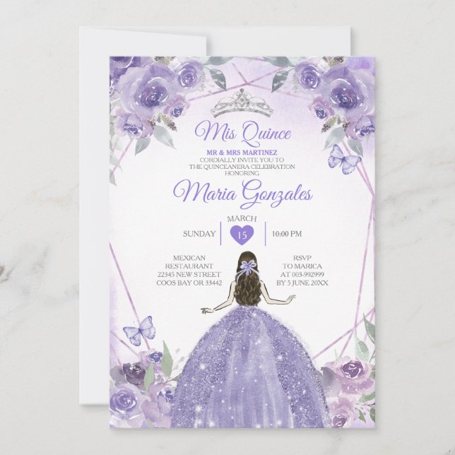 Invitación Mis Quince Purple Lavender 15 Anos Silver Crown (Anverso)