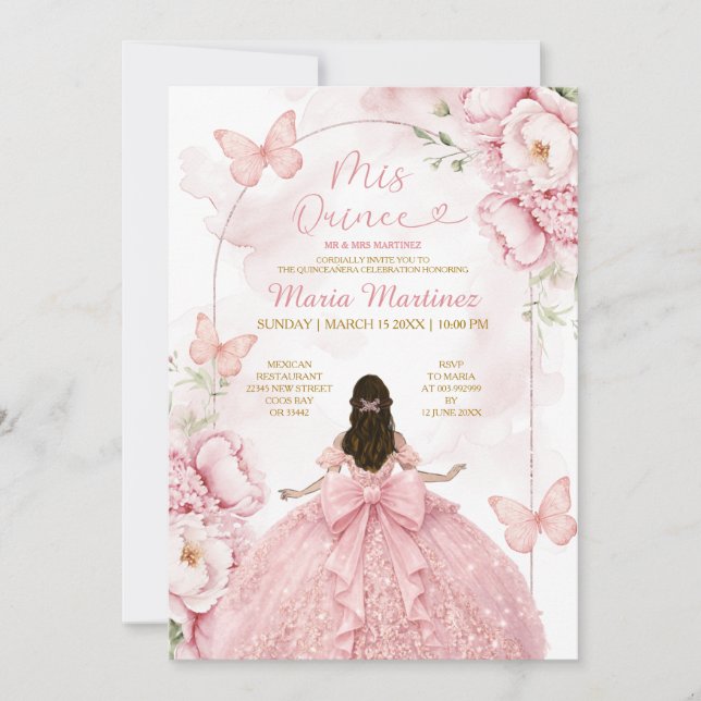 Invitación Mis Quince Rosa con Niña Princesa (Anverso)