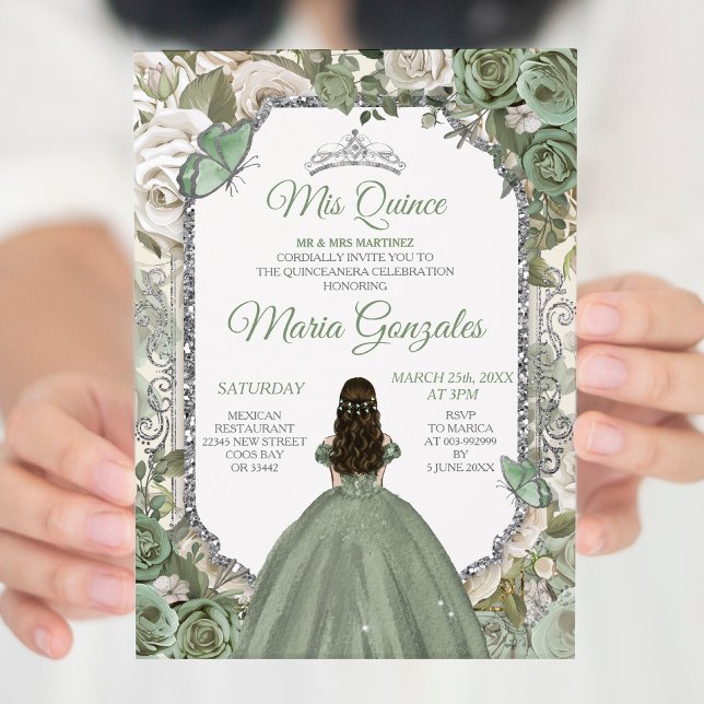 Invitación Mis Quince Sage Green & Silver Floral Quinceañera (Subido por el creador)