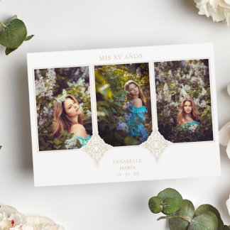 Invitación Mis XV Años Español 3 Fotos Efecto Encaje Dorado